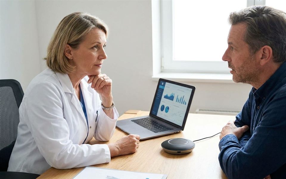 Médica atenta ao paciente durante a consulta